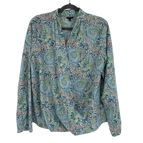 Talbots Size 14 Blue Green Paisley Floral Print Surplice Draped Neck Blouse - Picture 1 of 12